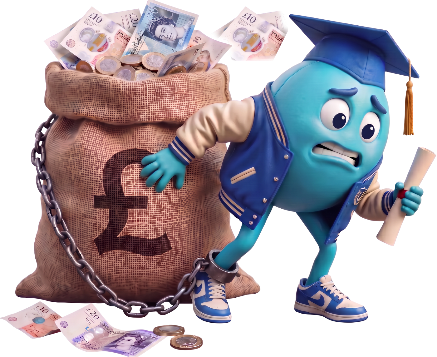 The Student Debt Freedom mascot — a blue graduate in a varsity jacket chained to a heavy bag of student debt
